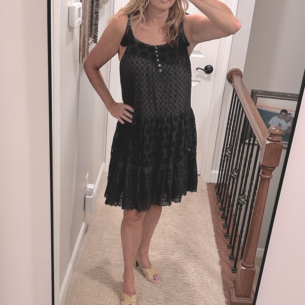 Lucky Brand charcoal black embroidered lace tiered dresss sz M